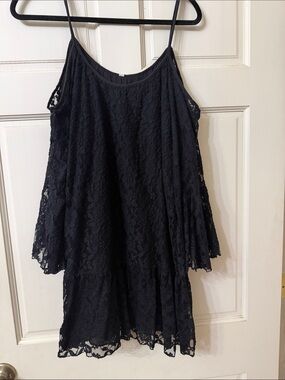 Elan Black Lace Cold Shoulder Dress with Gold Accent Tag